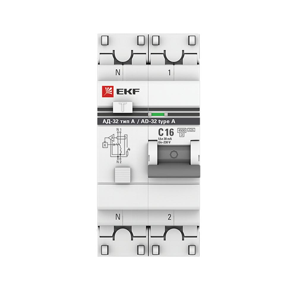 Автомат дифференциальный EKF PROxima АД-32 16А 30 мА 1P+N тип A 4,5 кА (DA32-16-30-a-pro)