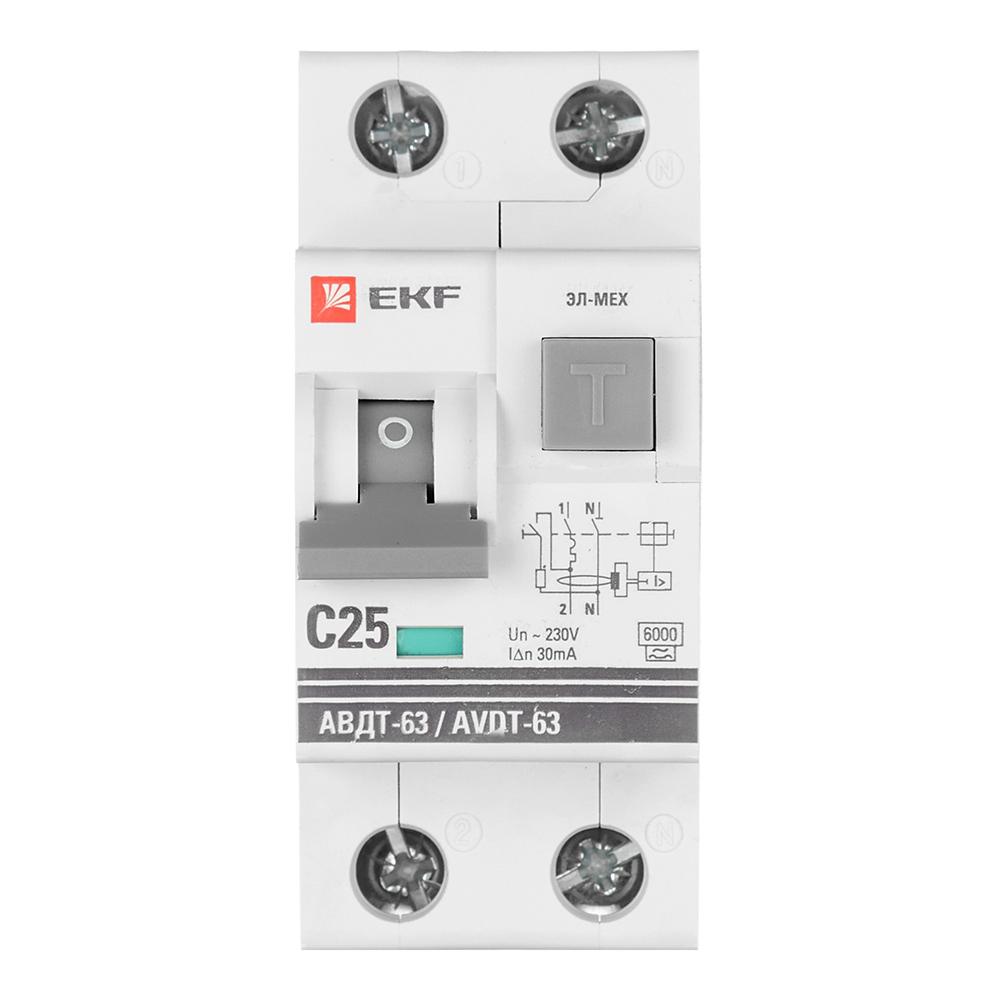 Автомат дифференциальный EKF PROxima АВДТ-63 25А 30 мА 1P+N тип AC 6 кА (DA63-25-30-AC)