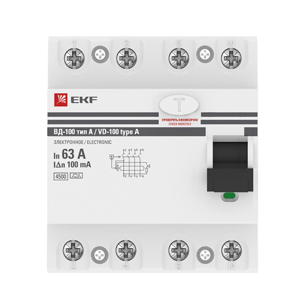 УЗО EKF PROxima ВД-100 63А 100 мА 4P тип A 4,5 кА (elcb-4-63-100-e-a-pro)