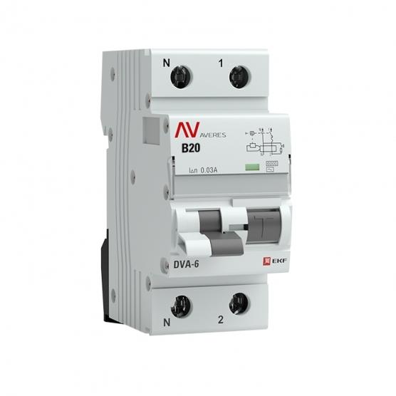 Автомат дифференциальный EKF Averes DVA-6 20А 30 мА 1P+N тип AC 6 кА (rcbo6-1pn-20B-30-ac-av)