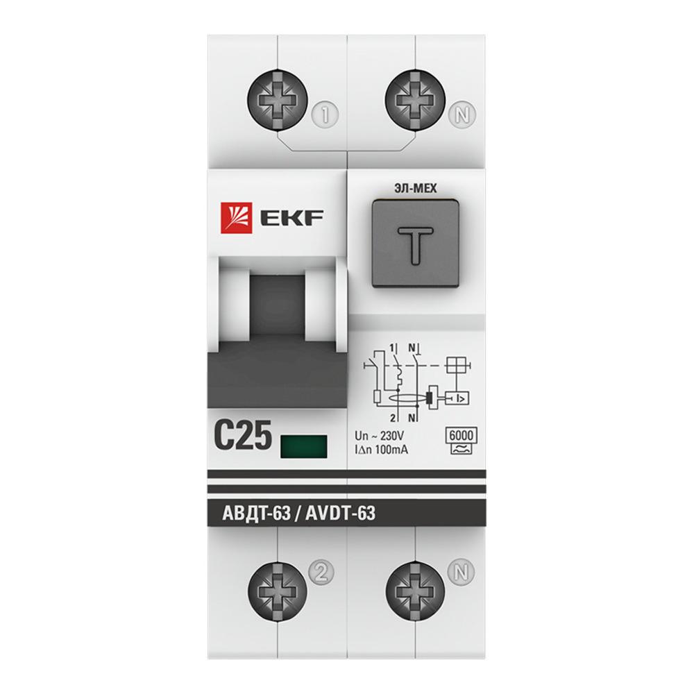 Автомат дифференциальный EKF PROxima АВДТ-63 25А 100 мА 2P тип A 6 кА (DA63-25-100em)