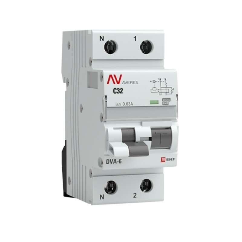 Автомат дифференциальный EKF Averes DVA-6 32А 30 мА 2P тип A 6 кА (rcbo6-1pn-32C-30-a-av)