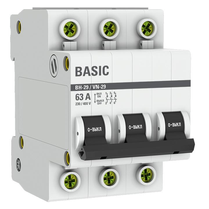 Выключатель нагрузки EKF Basic ВН-29 3Р 63А 4,5 кА 400 В на DIN-рейку (SL29-3-63-bas)