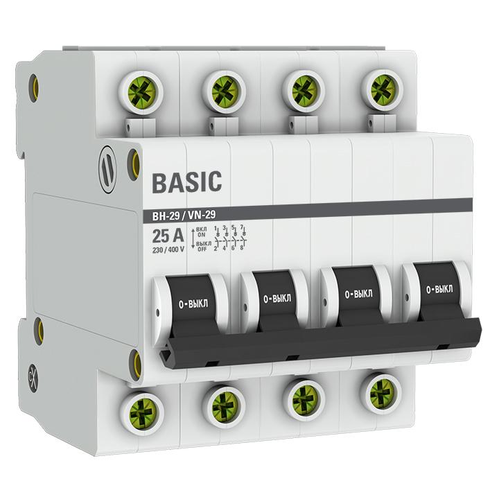 Выключатель нагрузки EKF Basic ВН-29 4Р 25А 4,5 кА 400 В на DIN-рейку (SL29-4-25-bas)