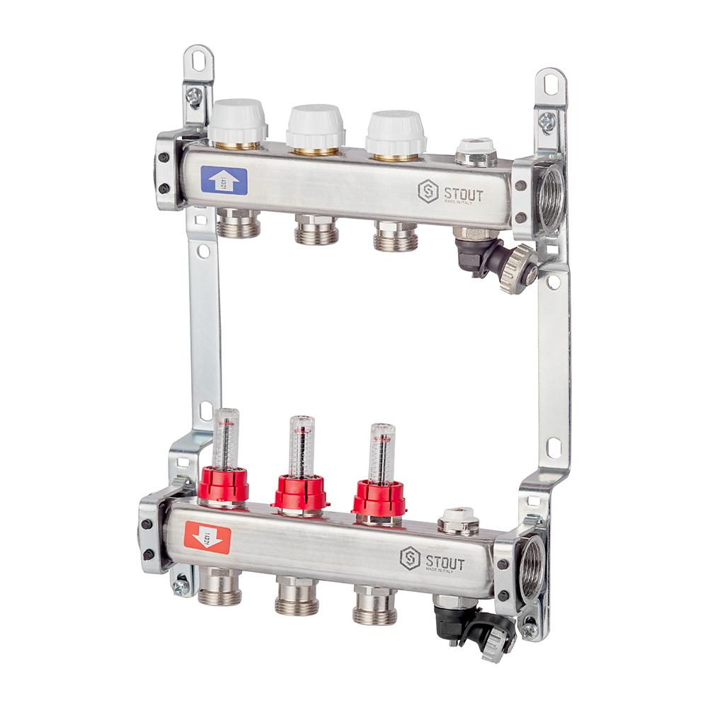 Коллекторная группа с расходомерами нержавеющая сталь Stout 1 ВР(г) х 3 выхода 3/4 НР(ш) ЕК х 1 ВР(г)
