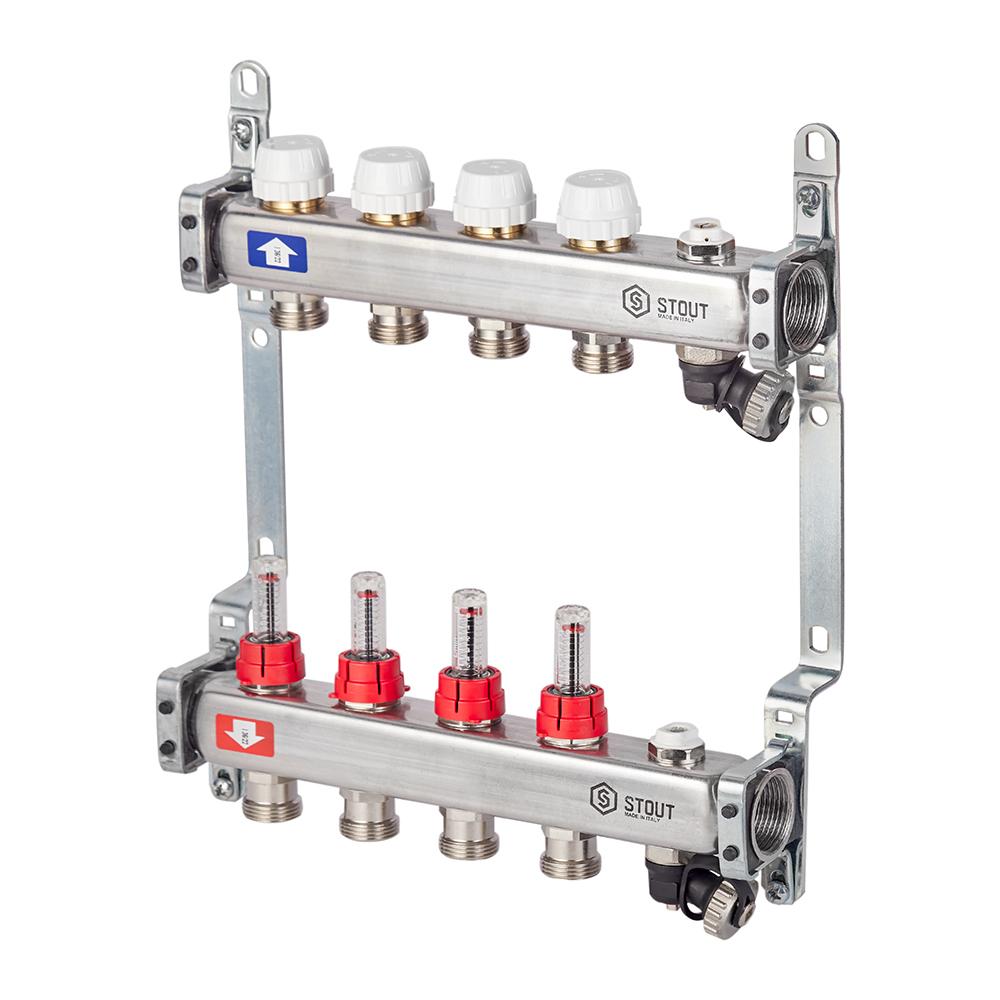 Коллекторная группа с расходомерами нержавеющая сталь Stout 1 ВР(г) х 4 выхода 3/4 НР(ш) ЕК х 1 ВР(г)