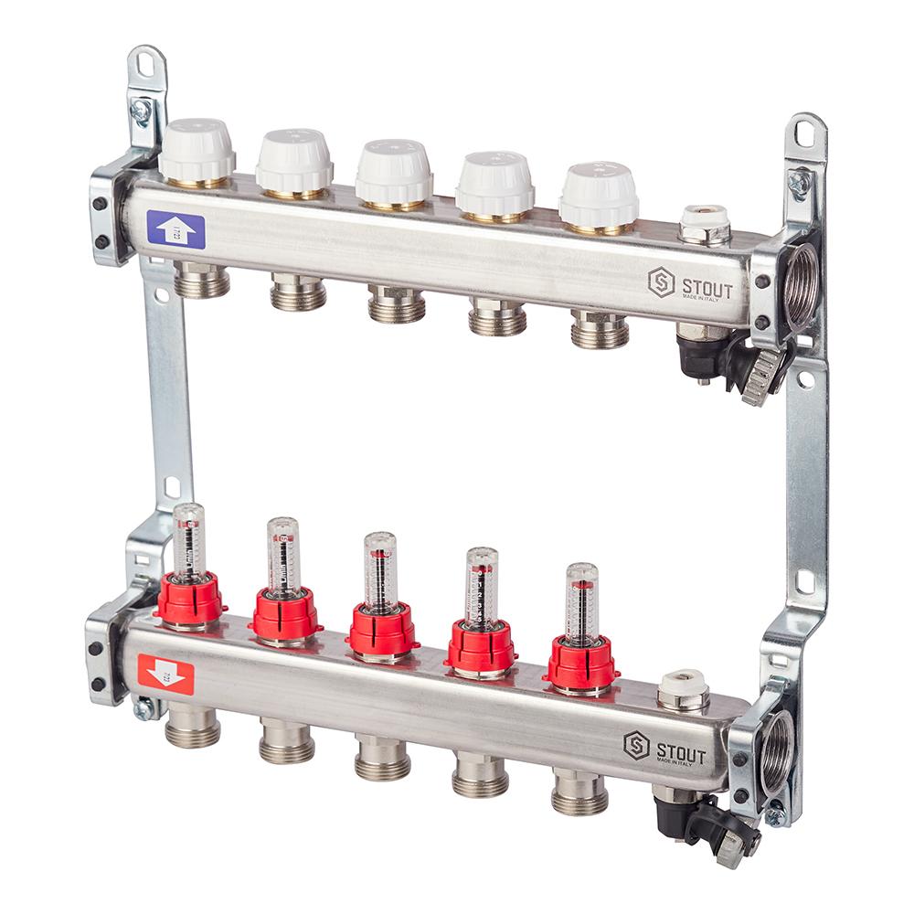 Коллекторная группа с расходомерами нержавеющая сталь Stout 1 ВР(г) х 5 выходов 3/4 НР(ш) ЕК х 1 ВР(г)