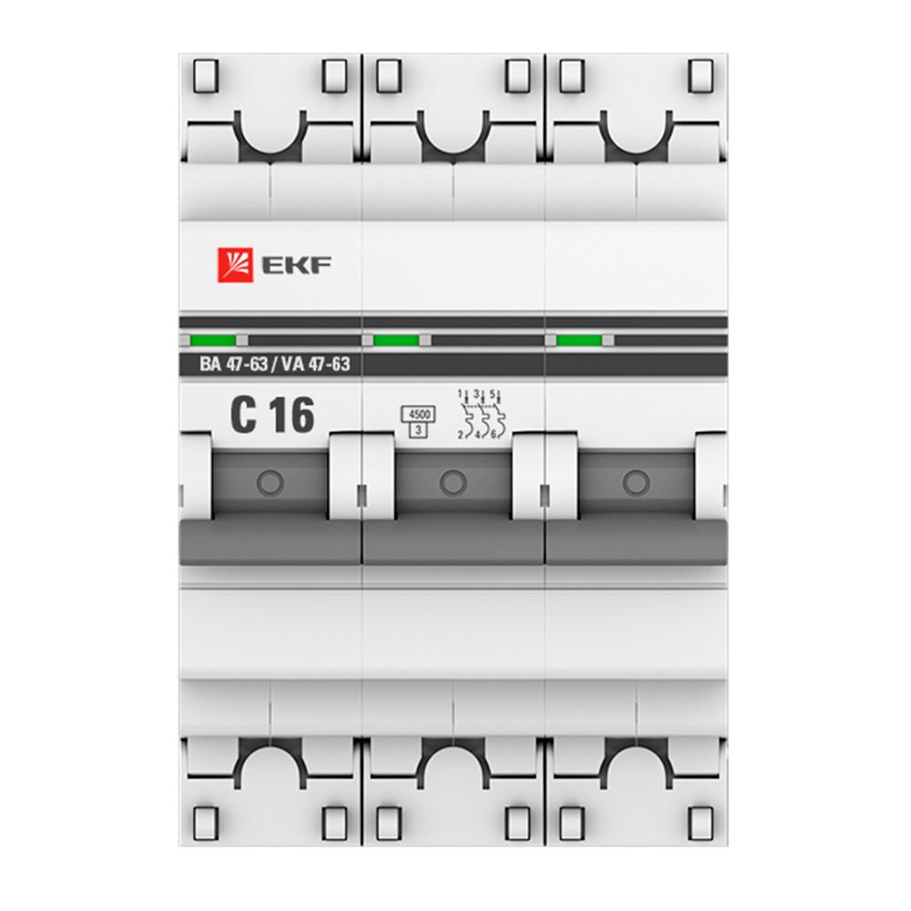 Автоматический выключатель модульный EKF PROxima ВА 47-63 3Р 16А тип C 4,5 кА 400 В (mcb4763-3-16C-pro)