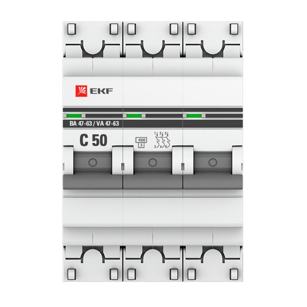 Автоматический выключатель модульный EKF PROxima ВА 47-63 3Р 50А тип C 4,5 кА 400 В (mcb4763-3-50C-pro)