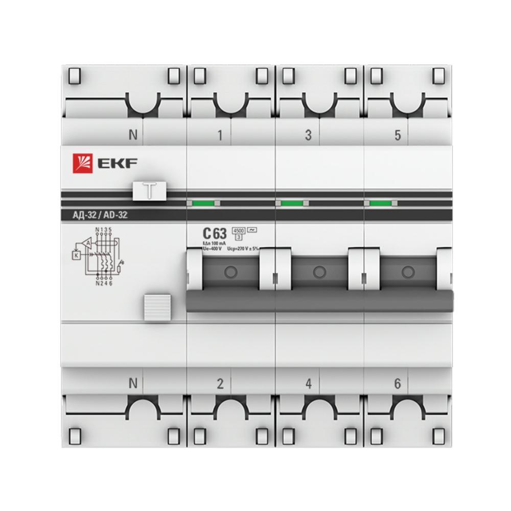 Автомат дифференциальный EKF PROxima 63А 100 мА 3P+N тип AC 4,5 кА (DA32-63-100-4P-pro)