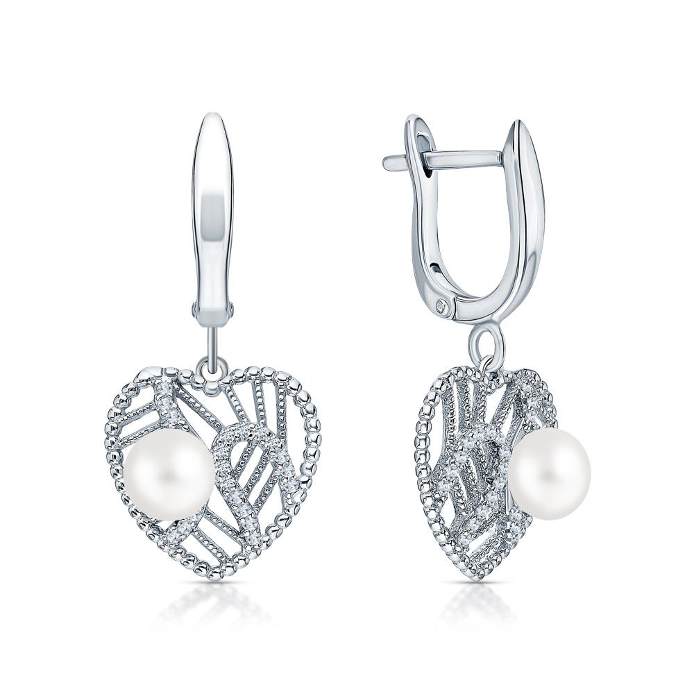 Серьги из серебра с фианитами и жемчугом