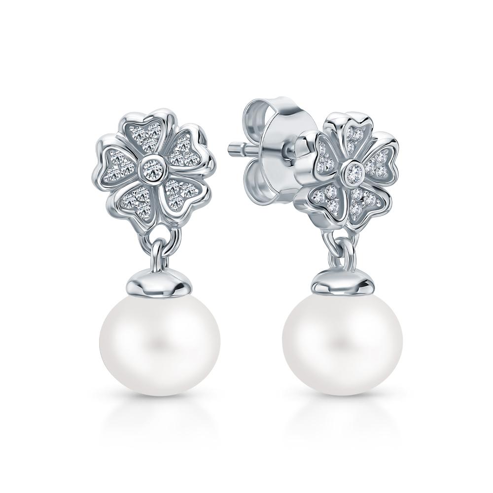 Серьги из серебра с фианитами и жемчугом