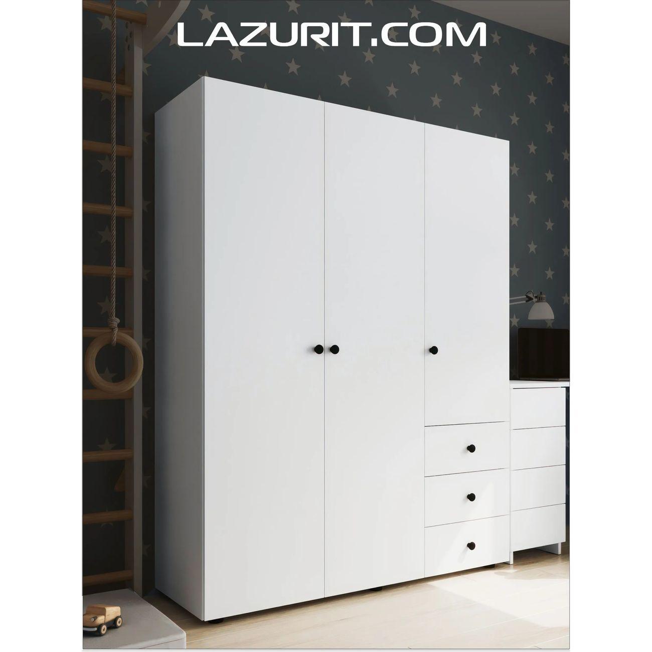 LAZURIT мебель | Шкаф для одежды распашной LAZURIT мебель Эльбрус трехстворчатый с полками, ящиками и штангой белый