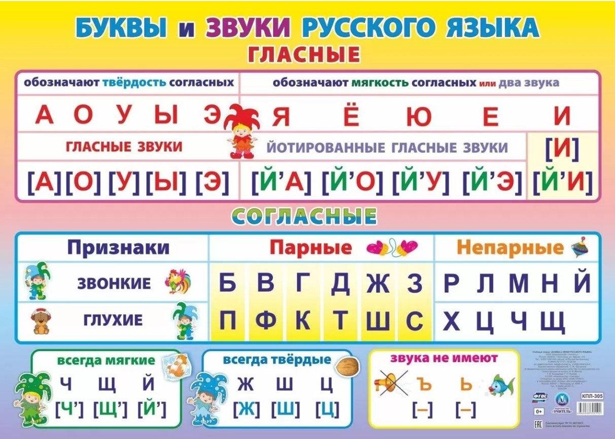Русский язык. Буквы и звуки. Гласные и согласные. Учебный плакат (Формат А2)
