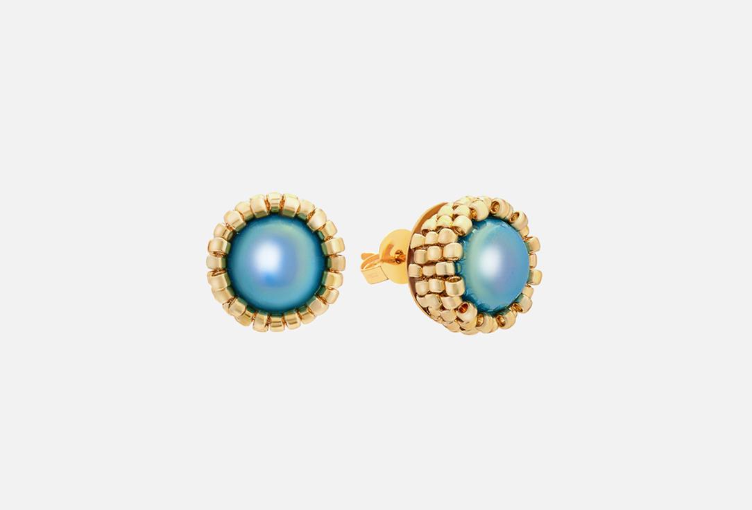 Basic stud earrings with beads Gold-blue. 2 шт