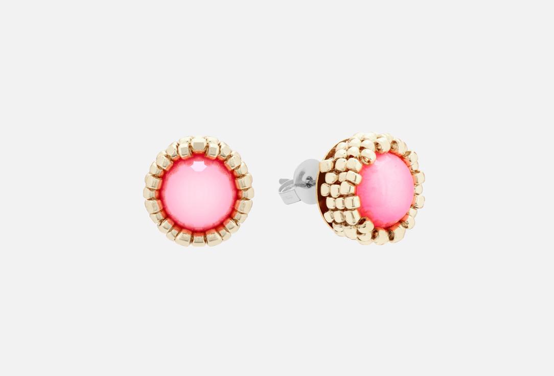 Basic stud earrings with beads Silver-pink. 2 шт