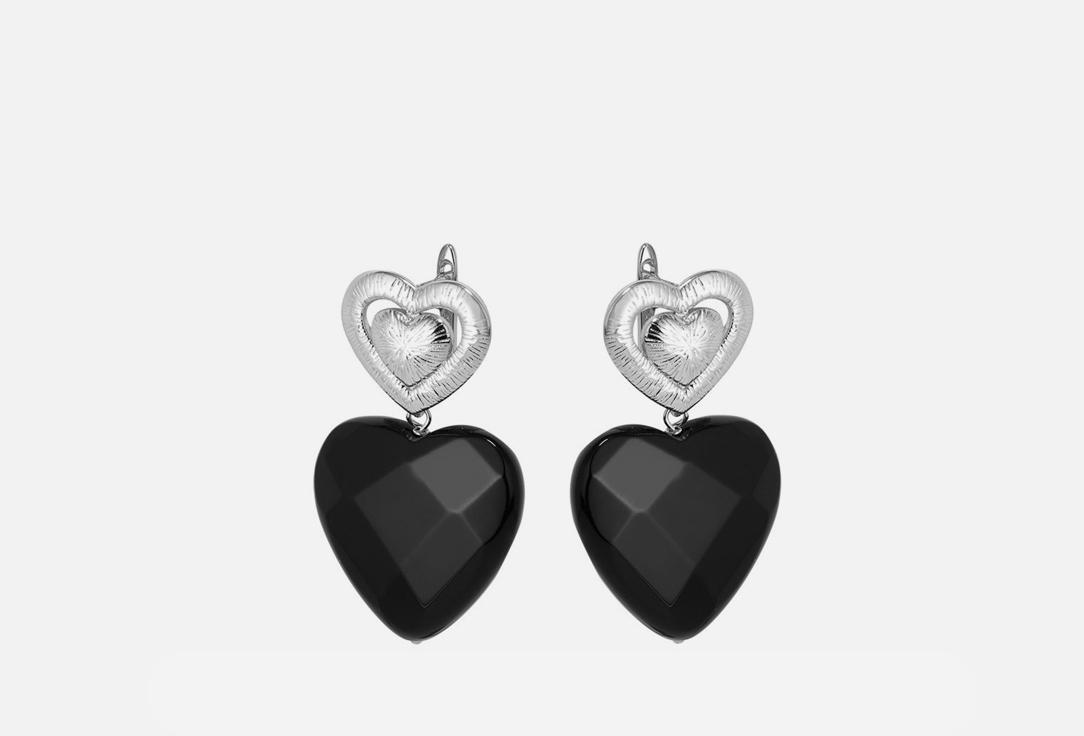 Earrings with a black agate heart pendant rhodium. 2 шт