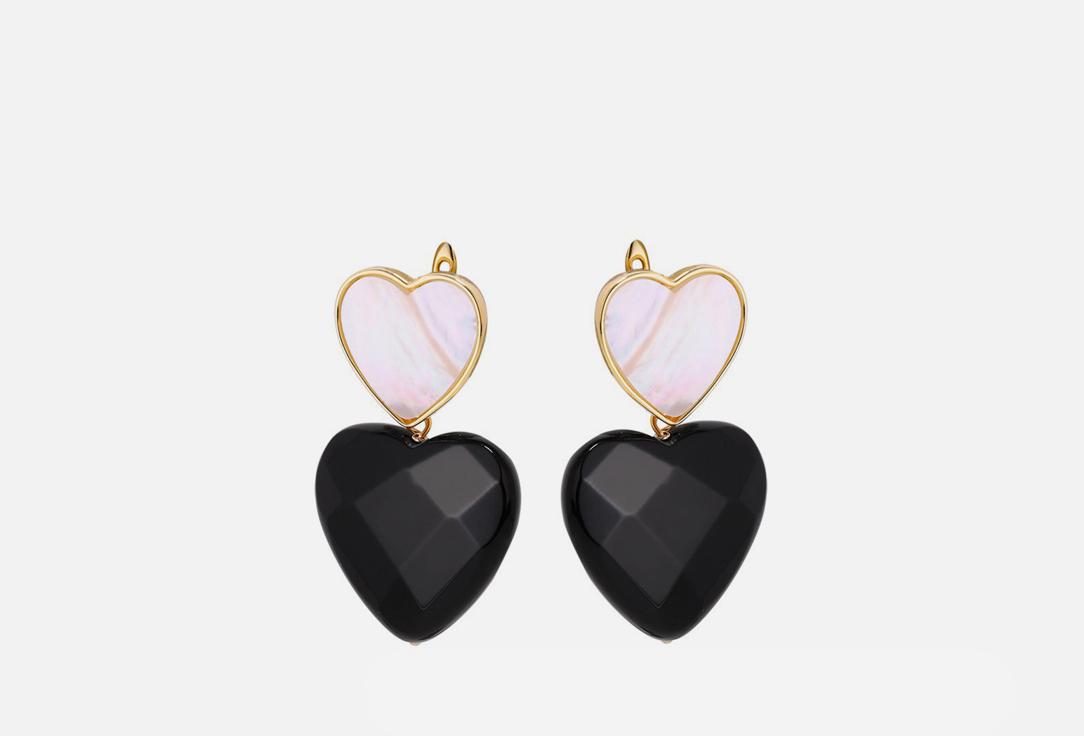 Earrings with a mother-of-pearl heart symbol and a black agate heart pendant gold. 2 шт