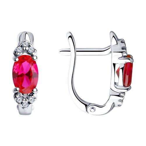 Серьги из серебра с корундами рубиновыми (синт.) и фианитами