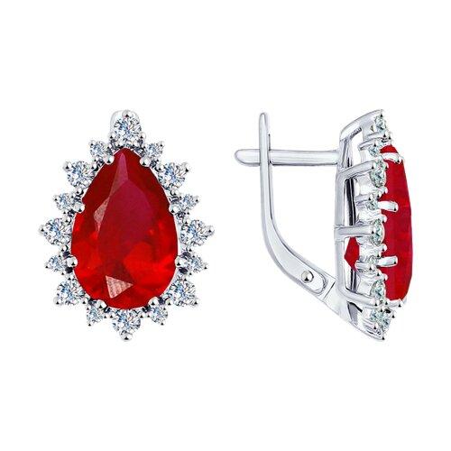 Серьги из серебра с корундами рубиновыми (синт.) и фианитами