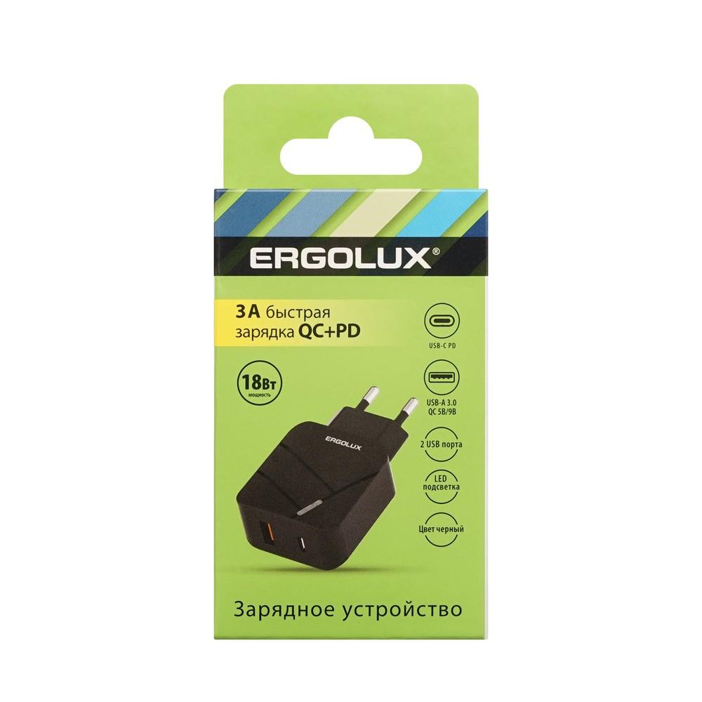 Адаптер сетевой Ergolux 18Вт 1USB+1Type C, 100-220В, 5-9V/3А, QC (черный, коробка)