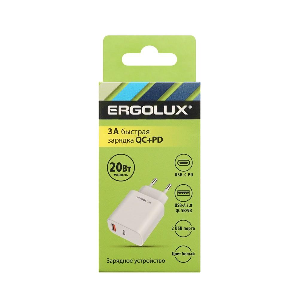 Адаптер сетевой Ergolux 20Вт 1USB+1Type C, 100-220В, 5-9V/3А, QC (белый, коробка)