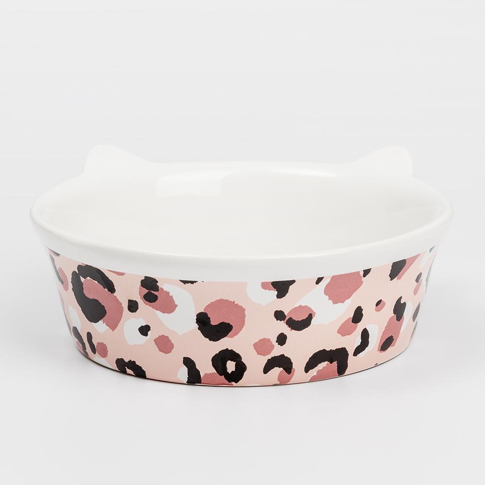 Petmax Миска керамическая с ушками для кошек Леопард, 250 мл, 14x5,5 см, белая