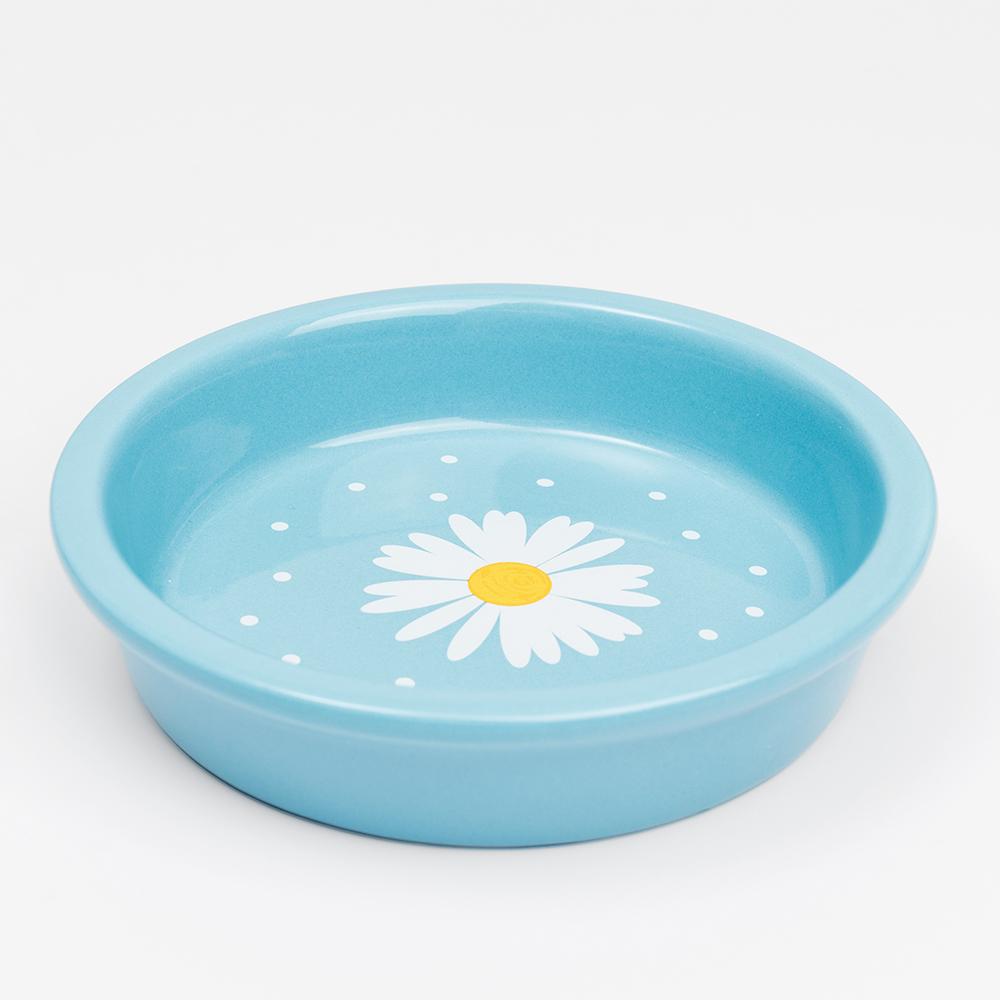 Petmax Миска керамическая для кошек, 120 мл, 14x3,2 см, синяя с ромашкой