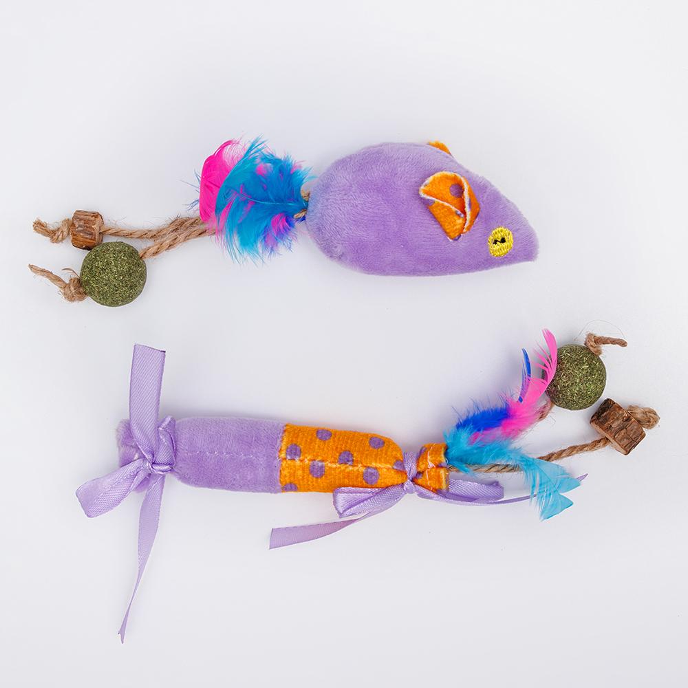 Petmax Игрушка для кошек Мышка и Конфета, мышка 15х4х4 см, конфета 16,5х2х2 см, разноцветный