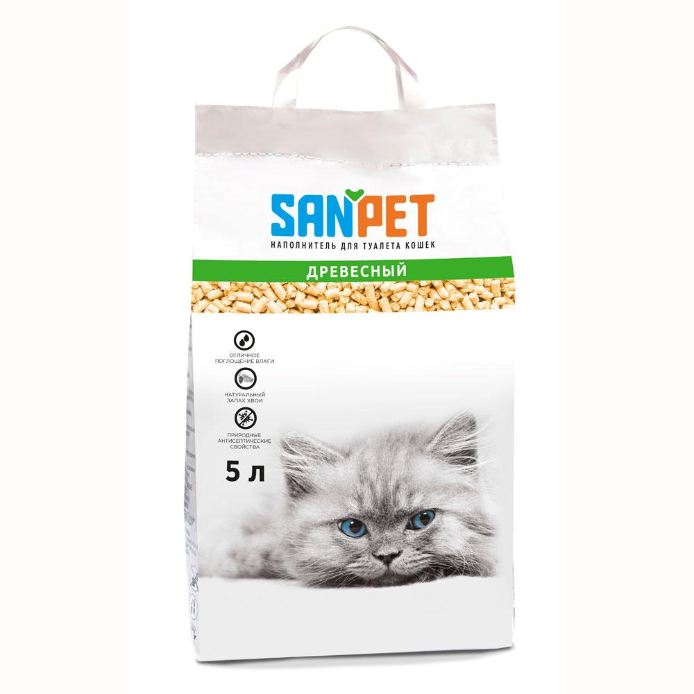 Sanpet Наполнитель древесный для кошачьего туалета, 5 л (2,4 кг), с ароматом хвои