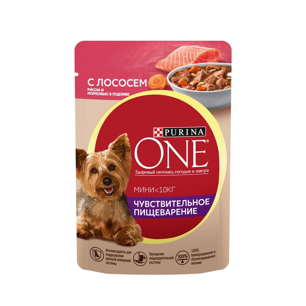 Purina ONE Mini Влажный корм (пауч) для взрослых собак мелких пород при чувствительном пищеварении, с лососем, рисом и морковью, в подливе, 85 гр.