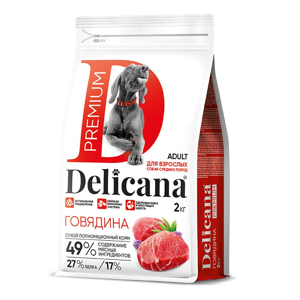 DELICANA Premium Сухой корм для собак средних пород, с говядиной, 2 кг