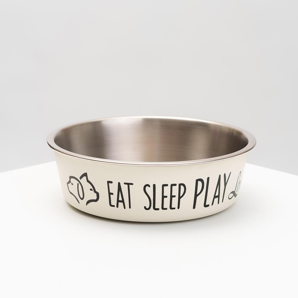 Petmax Миска для кошек и собак Eat sleep play, 850 мл, 17,5х5,5 см, молочная