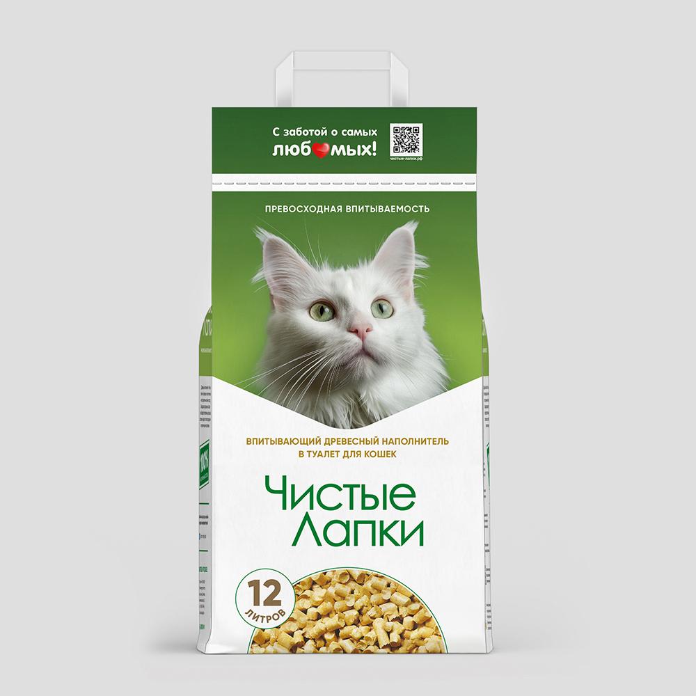Чистые Лапки Наполнитель древесный впитывающий для кошачьего туалета, 12 л (4,5 кг)