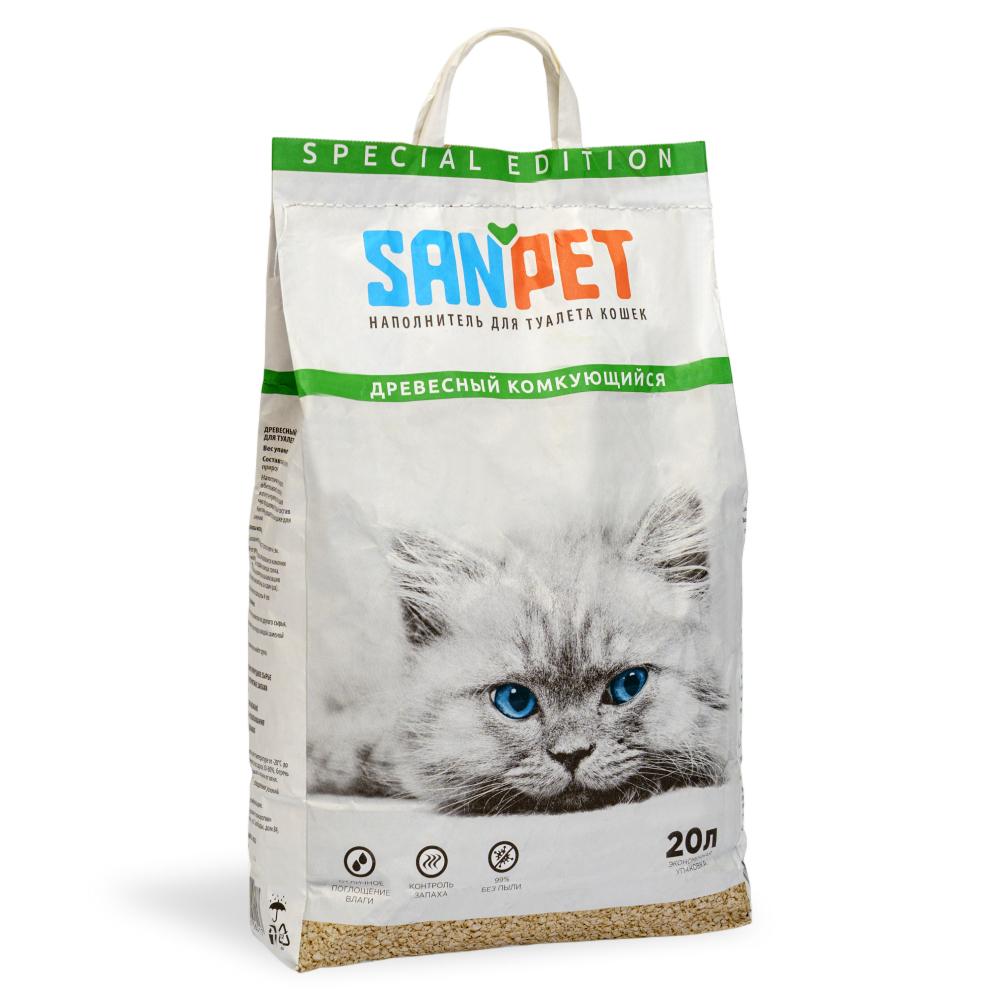 Sanpet Наполнитель древесный комкующийся для кошачьего туалета, 20 л (8 кг)