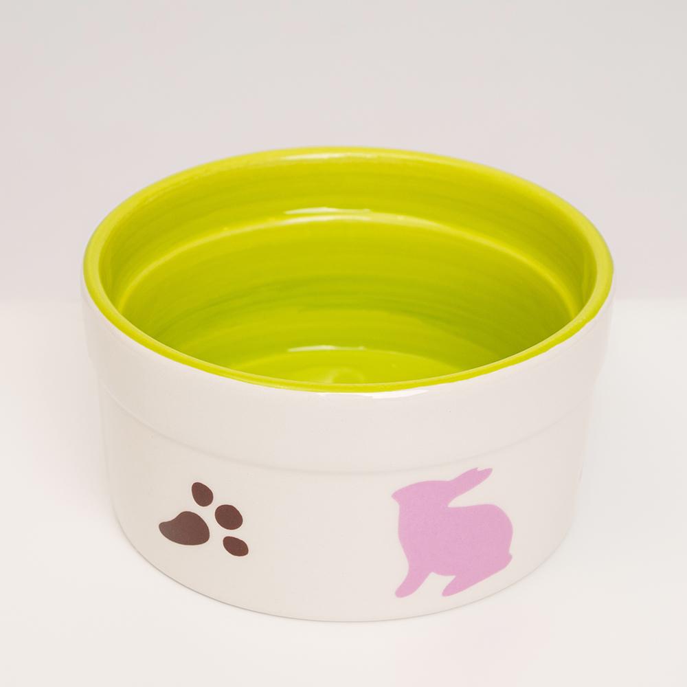 Petmax Миска керамическая для грызунов Розовый зайка, 180 мл, 10,5х5,4 см, бело-зеленый