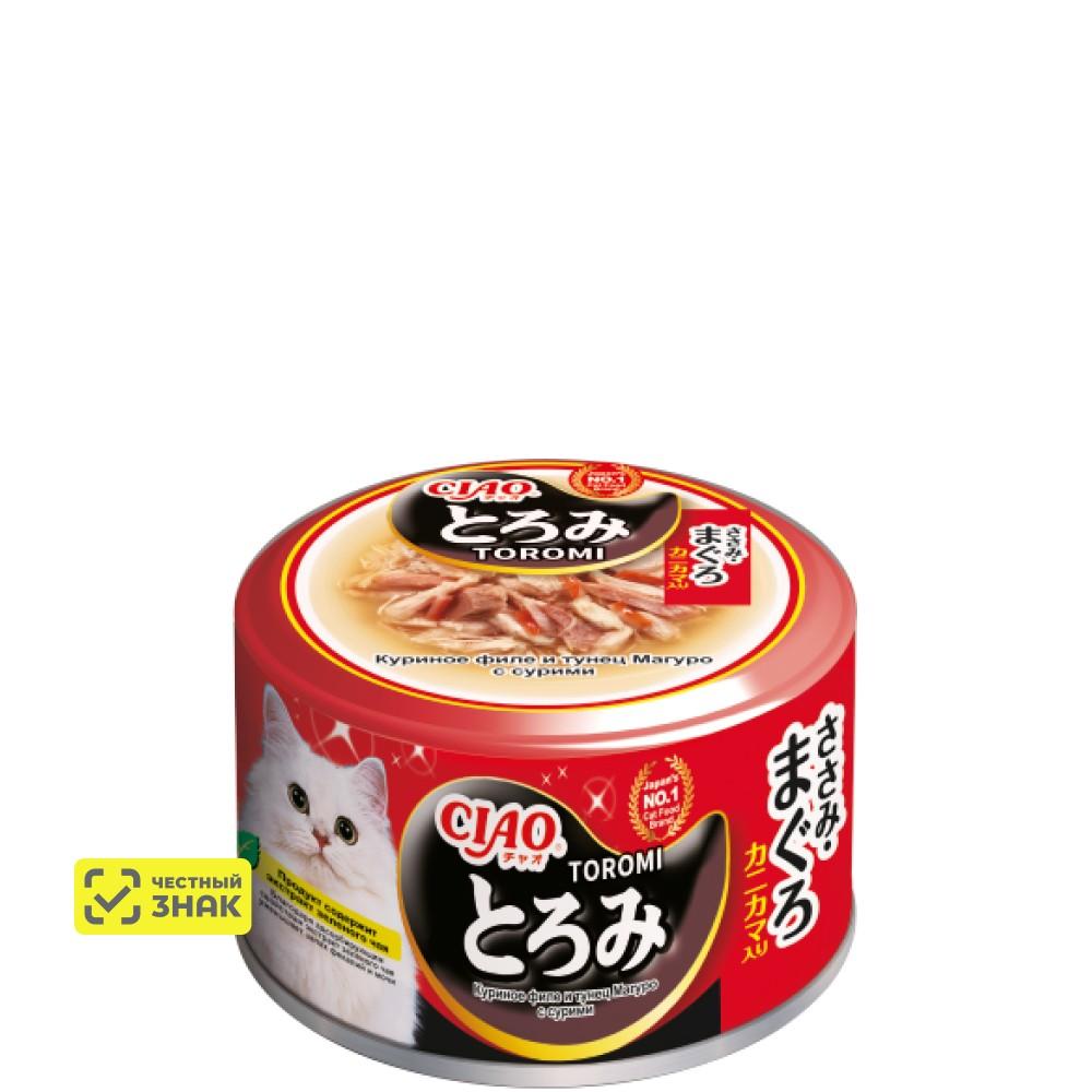 INABA CIAO Toromi Влажный корм (консервы) для кошек, куриное филе и тунец магуро с сурими в бульоне, 80 гр.
