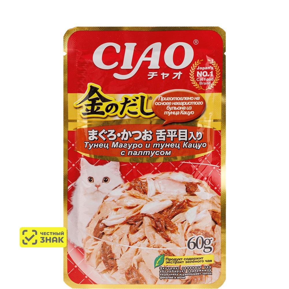 INABA CIAO Влажный корм (пауч) для кошек, тунец магуро и тунец кацуо с палтусом, 60 гр.