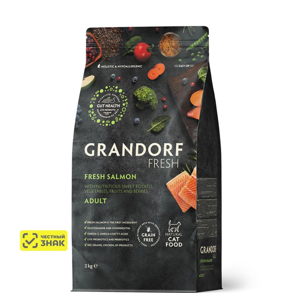 GRANDORF Fresh Adult Сухой корм для взрослых кошек, для здоровья кожи и шерсти или склонных к аллергии, с лососем и бататом, 2 кг