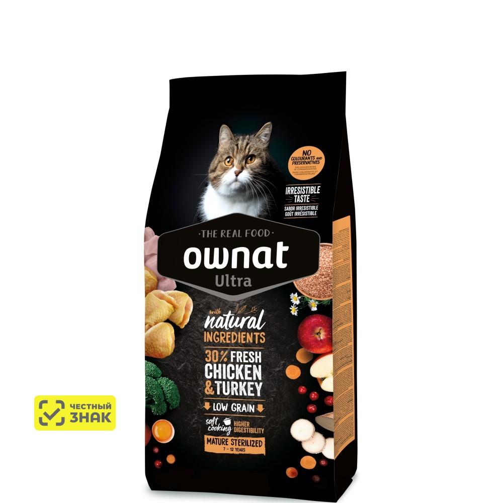 Ownat Ultra Mature Sterilized Сухой корм для стерилизованных кошек старше 7 лет, с курицей и индейкой, 1,5 кг