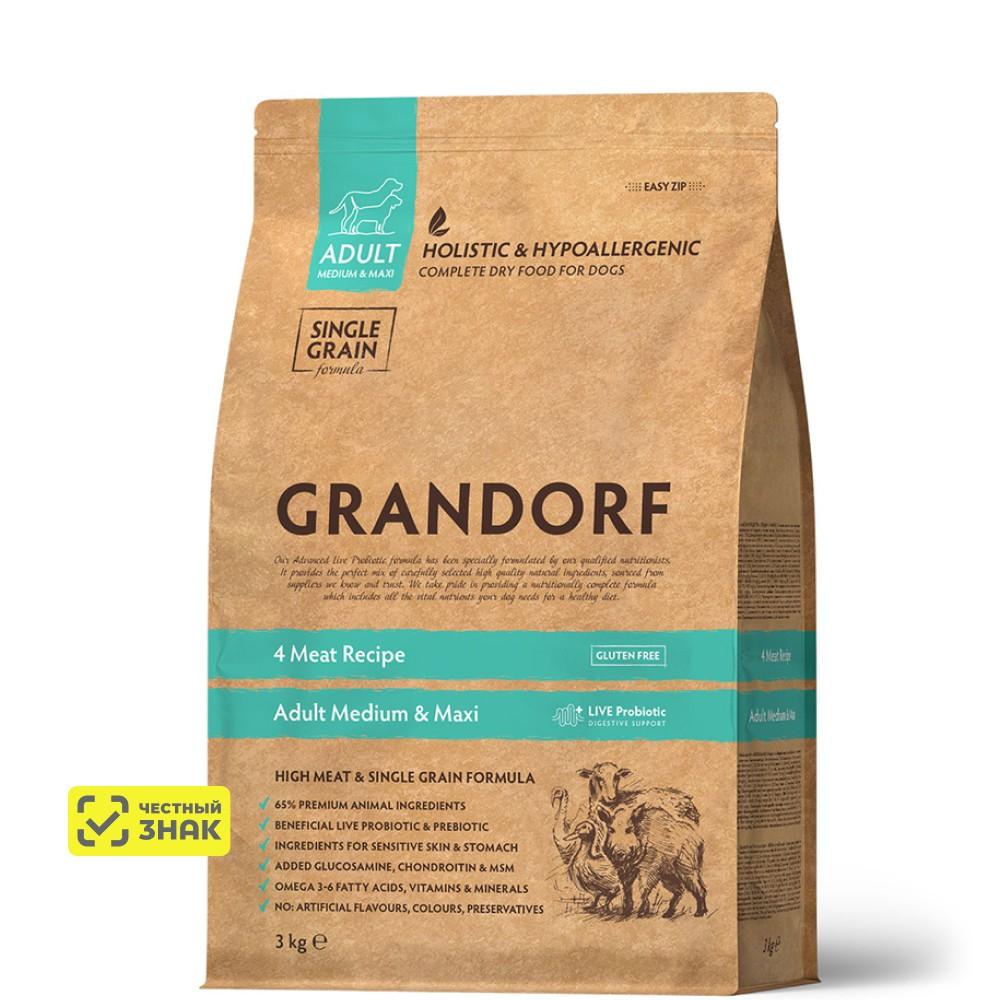 GRANDORF Holistic Adult Medium Maxi Сухой корм для собак средних и крупных пород, 4 вида мяса с пробиотиками, 3 кг