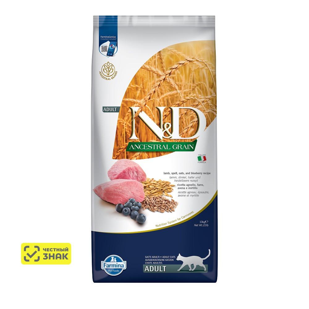 Farmina ND Ancestral Grain Сухой корм для взрослых котов и кошек, ягненок, спельта, овес и черника, 10 кг