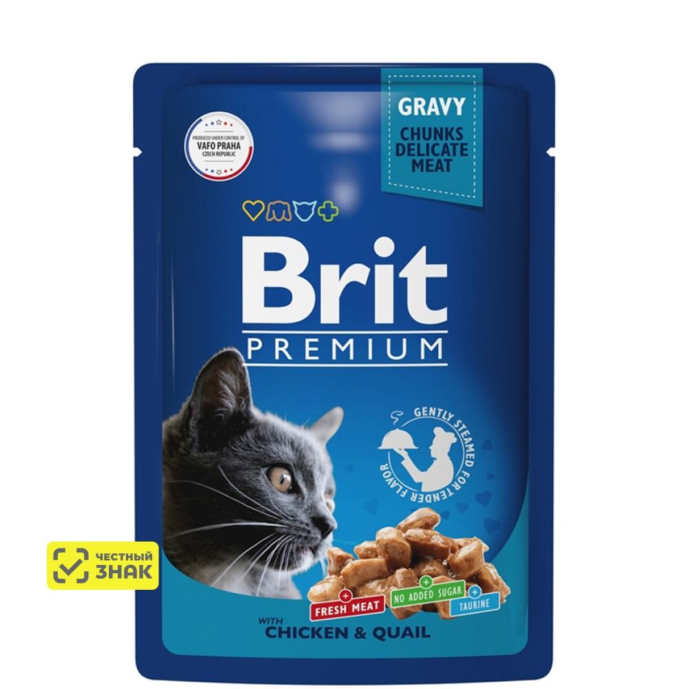 Brit Premium Влажный корм (пауч) для взрослых кошек, с цыпленком и перепелкой в соусе, 85 гр.