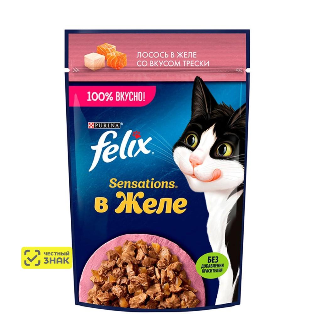 Felix Sensations Влажный корм (пауч) для взрослых кошек, с лососем в желе с добавлением трески, 75 гр.