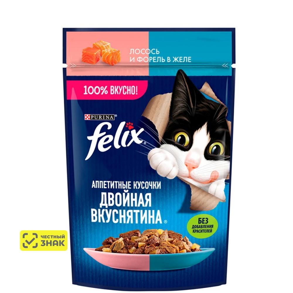 Felix Влажный корм (пауч) для взрослых кошек Двойная вкуснятина, с лососем и форелью в желе, 75 гр.