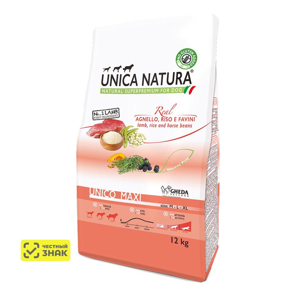 UNICA Natura Maxi Сухой корм для собак крупных пород, с ягненком, рисом и бобами, 12 кг