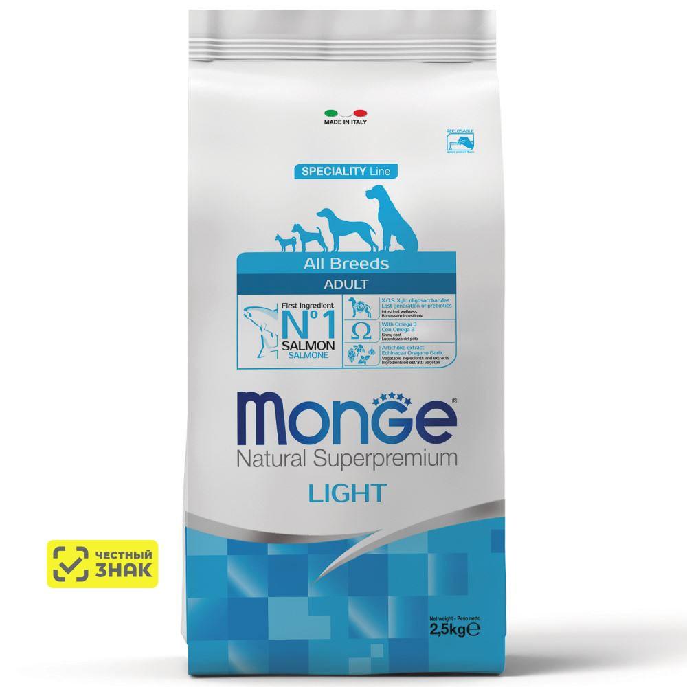Monge All Breeds Adult Light Сухой корм для взрослых собак всех пород склонных к набору избыточного веса, с лососем и рисом, 2,5 кг