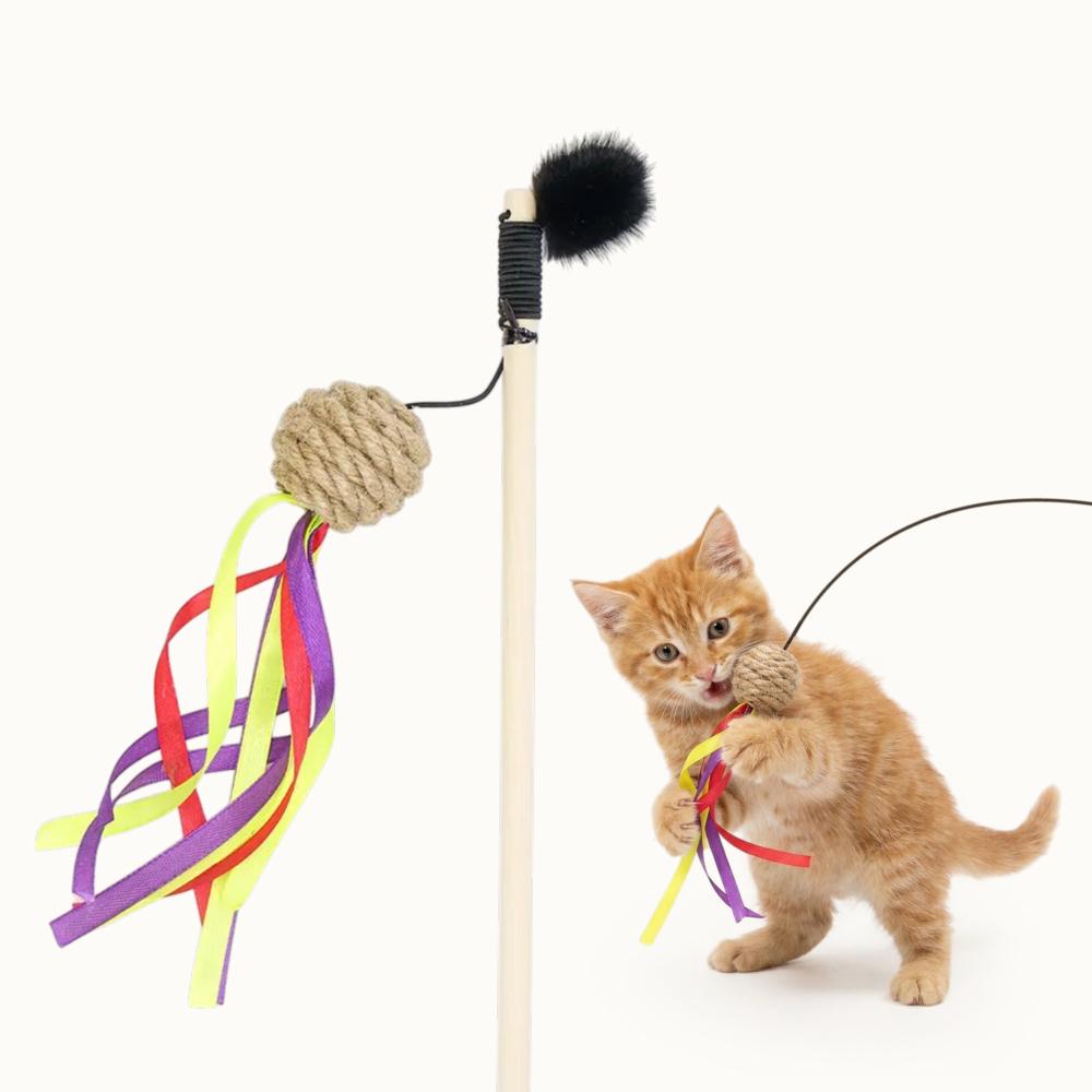 Pet hobby Игрушка-дразнилка из джута для кошек Шарик с лентами, игрушка 15х3х3 см, палка 50 см, длина резинки 47 см