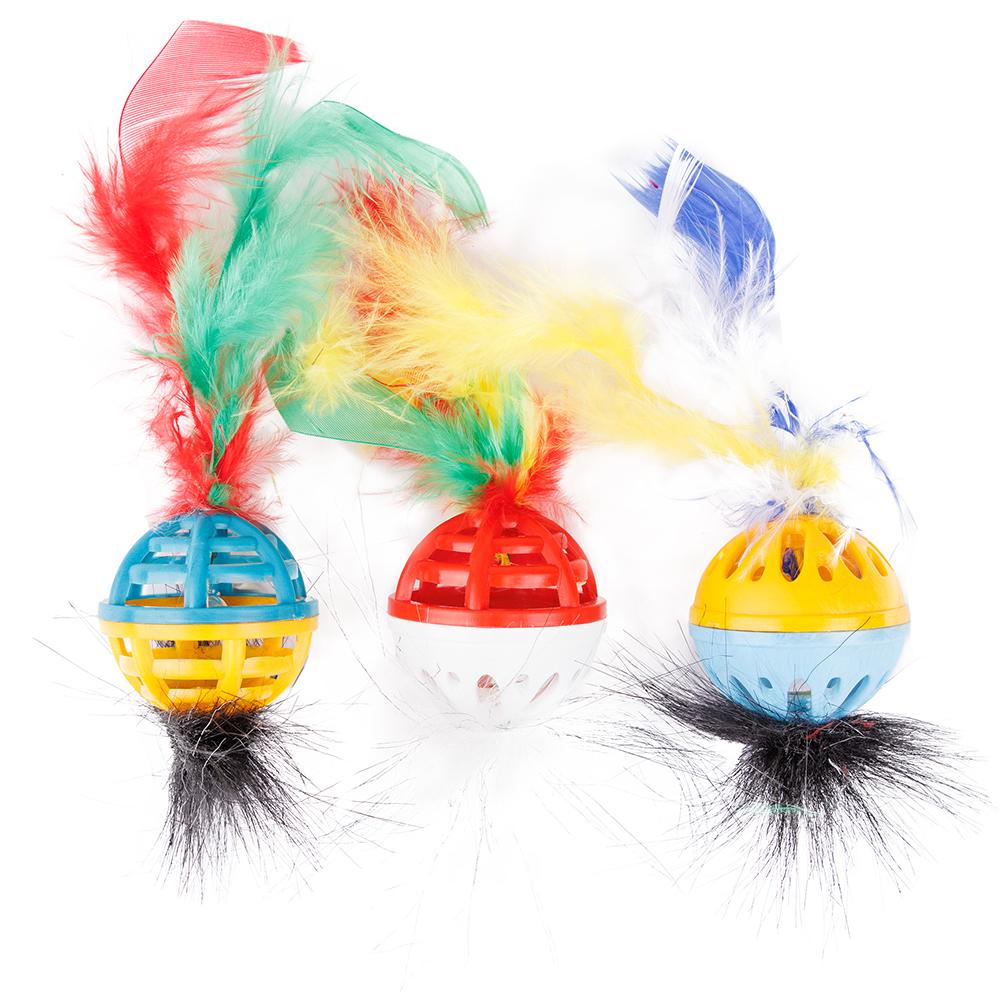 Pet hobby Игрушка для кошек Погремушка с бубенчиком, пером и мехом, диаметр 4 см (3 шт.)