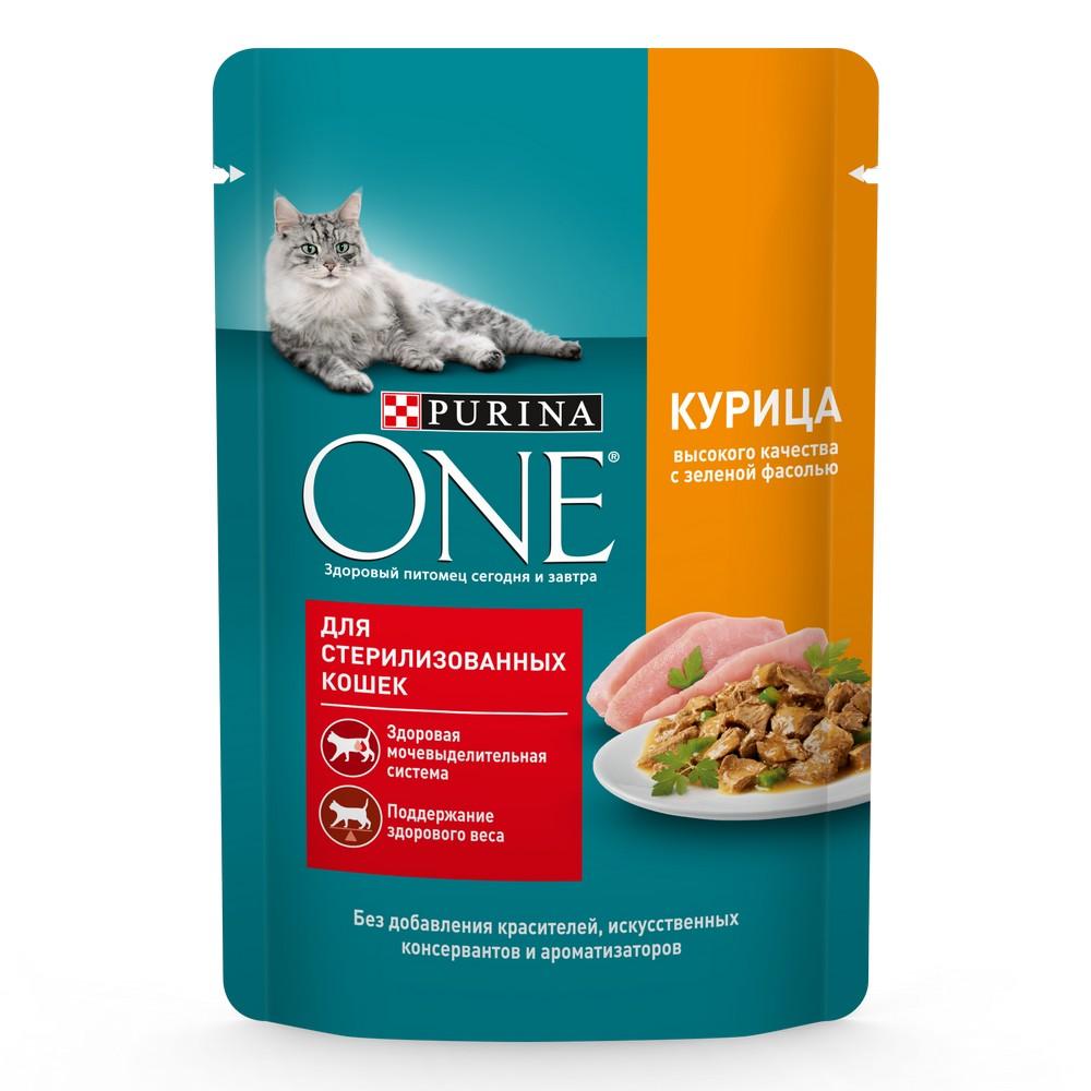 Purina ONE Влажный корм (пауч) для взрослых стерилизованных кошек и кастрированных котов, с курицей и зеленой фасолью, 75 гр.